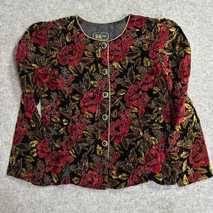 R&K Evening Floral Velvet Jacket 12 Black Red Gold Metallic Button Front‎